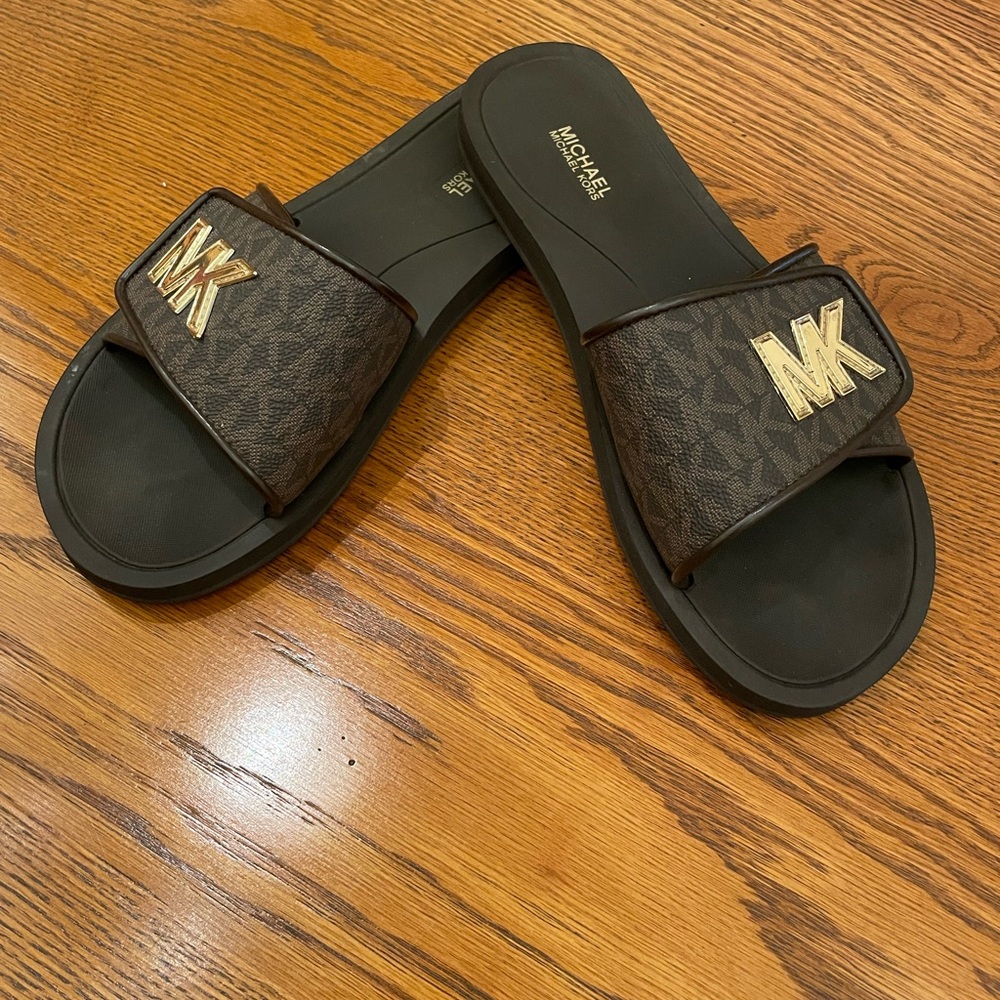 Michael Kors Dark Brown Slides with Gold Logo